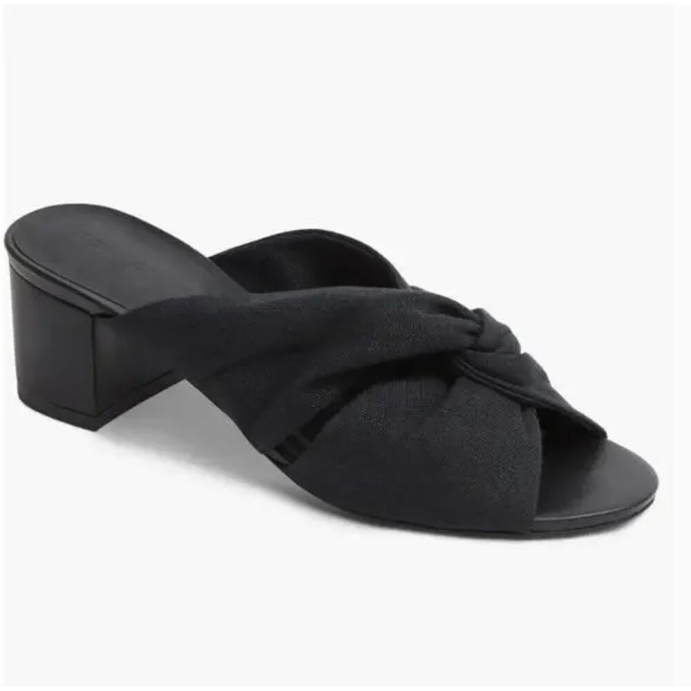 Rebecca Allen Twist Heels 10 Black Linen NWOT Sandals Mules Slip On Travel